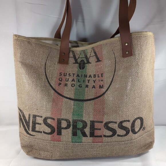 Nespresso Tote Bag Jute Burlap Beige Brown Faux Leather Shoulder 19x14" Coffee - Picture 1 of 14